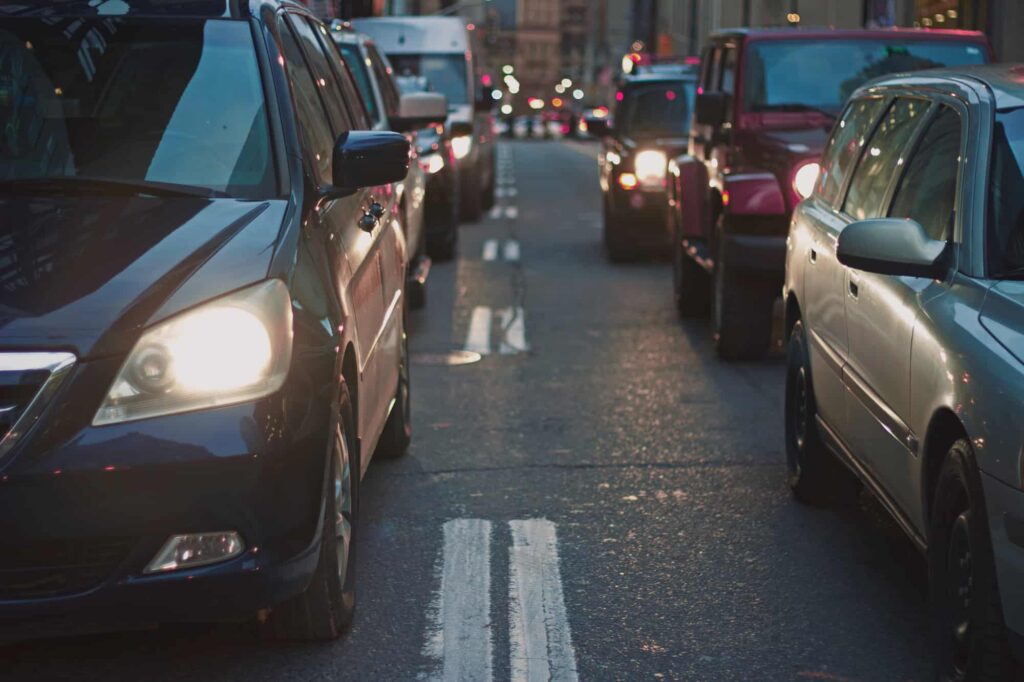 Hybrid cars stopped in traffic overnight