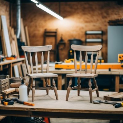 Two unfinished wooden chairs sit on a large workbench in a woodworking shop. The chairs have a classic spindle-back design, showcasing their handcrafted quality. Tools, wood glue, and other materials are scattered across the bench, with additional woodworking equipment visible in the background. The workshop has a warm, well-used feel, illuminated by overhead lighting.