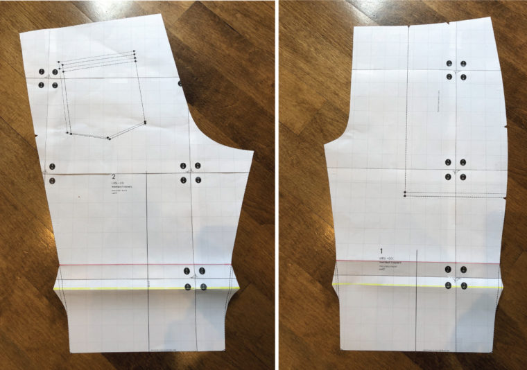 Front and back pattern pieces for the shortened Montauk Trousers.