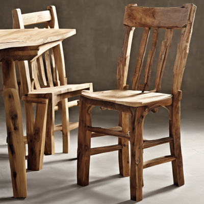 A rustic wooden chair with a unique, handcrafted design featuring natural, uneven lines and a raw wood finish. The chair's frame has a rough, organic look with visible knots and grain patterns, emphasizing its handmade craftsmanship. It is paired with a matching table, also crafted from natural wood.