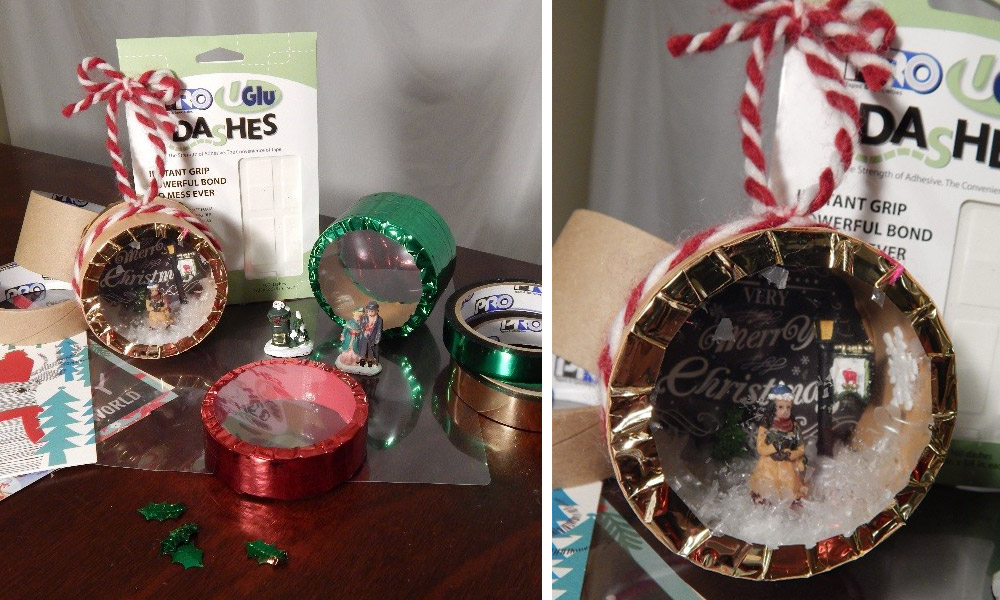 I turned an empty Pro TapesÂ® core into a super cute snow globe using a piece of laminating sheet to close off the front.