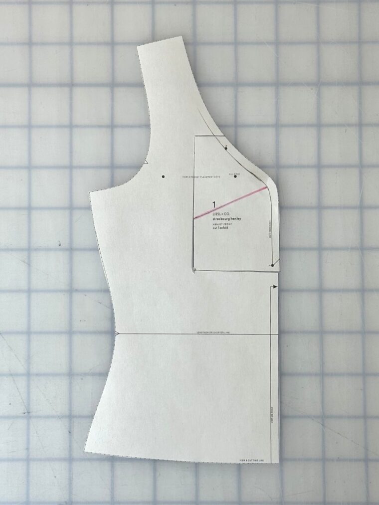 Front bodice pattern piece with a rectangle drawn around the center front neckline.