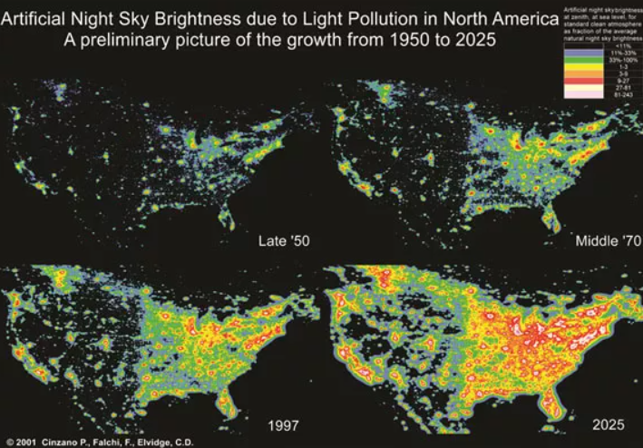 Heatmap showing the growth of night sky brightness from 1950 to 2025