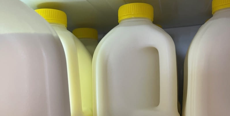 the top sections of numerous cartons of milk