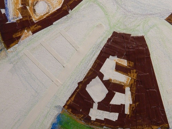 Close up of masking details on propeller and layers of Pro GaffÂ® on top of watercolor with reworked oil pastel on surface.