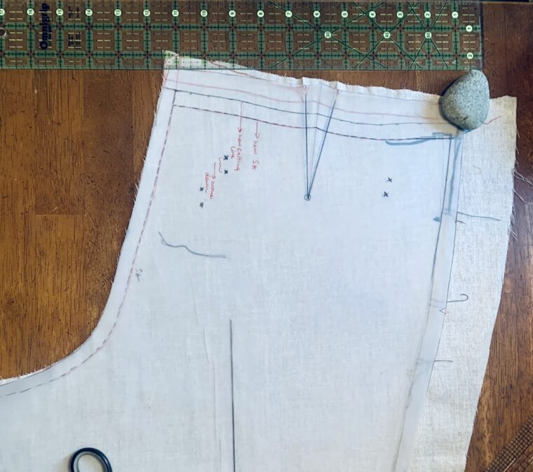 A close-up view of the pattern adjustments for the Peckham Trousers sewing pattern.