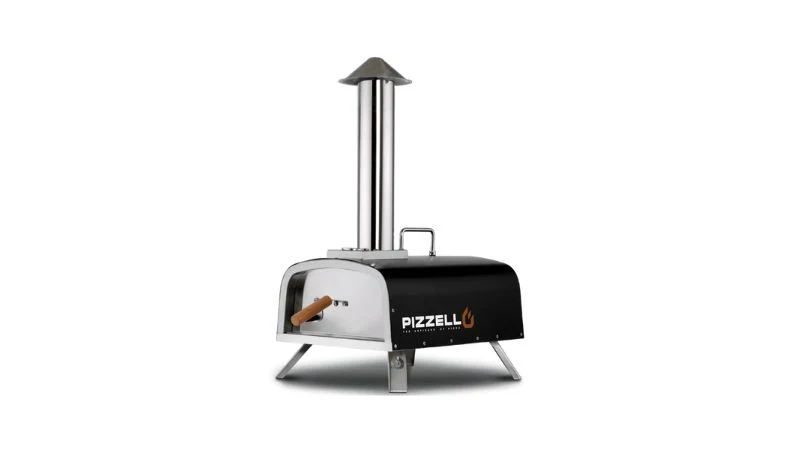A compact black and stainless steel pizza oven labeled "PIZZELLO," with a chimney, against a plain white background.