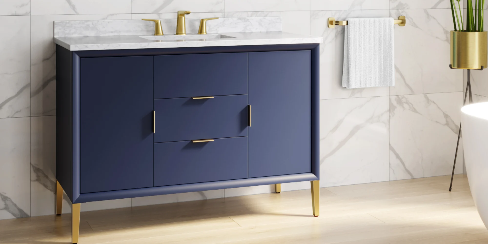 2020 bathroom design trend inspiration featuring the blue Arya vanity from Frederick York
