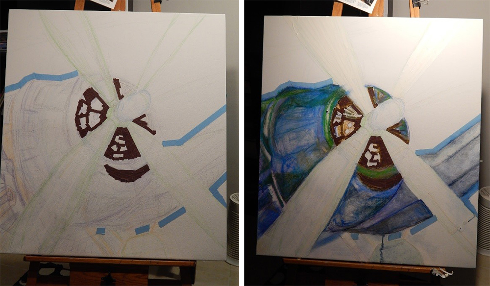 The layers began with reddish/brown ProÂ® Spike tape in the center of the propeller. I also used ProÂ® 46 blue to mask the edges off, as well as white ProÂ® 46 as a guideline for myself in the propellers to keep them symmetrical.