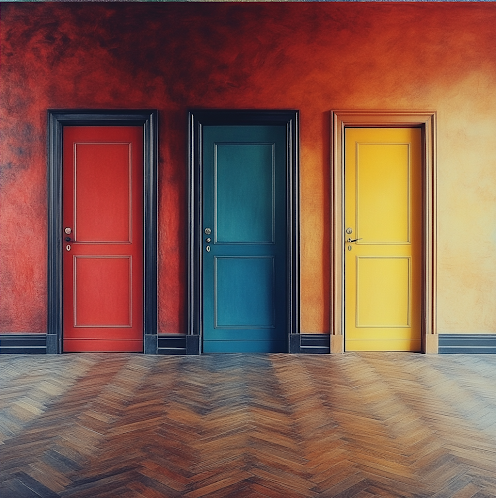 Three doors, one red, one blue and one yellow