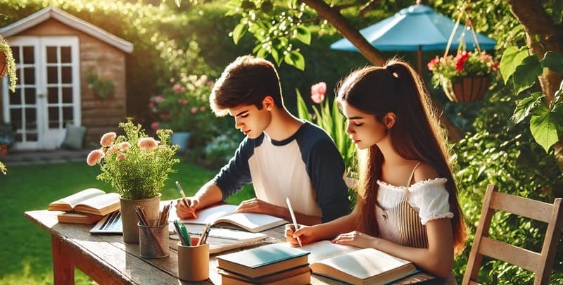 A brother and sister studying in natural sunlight