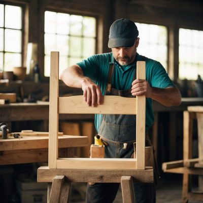 A craftsman focused on assembling a wooden frame in a well-lit workshop. Wearing a cap and an apron, he carefully aligns the wooden pieces on a workbench. The workshop environment is filled with natural light streaming through large windows, creating a peaceful, productive atmosphere for woodworking.