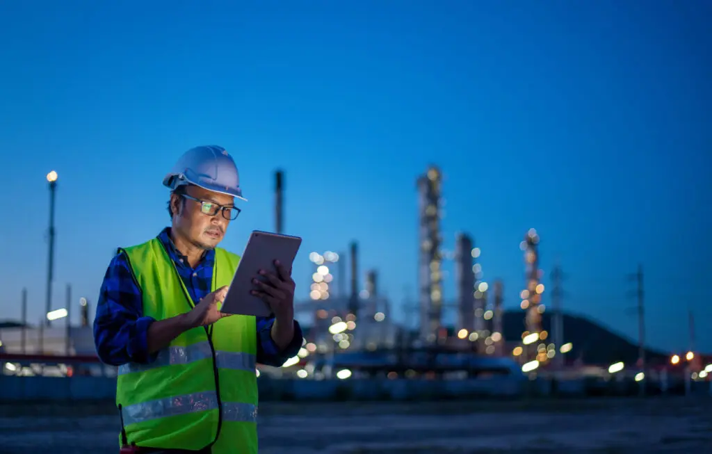 A worker in a safety vest and hard hat monitors security on a mobile device with the silhouette of a chemical plant in the background