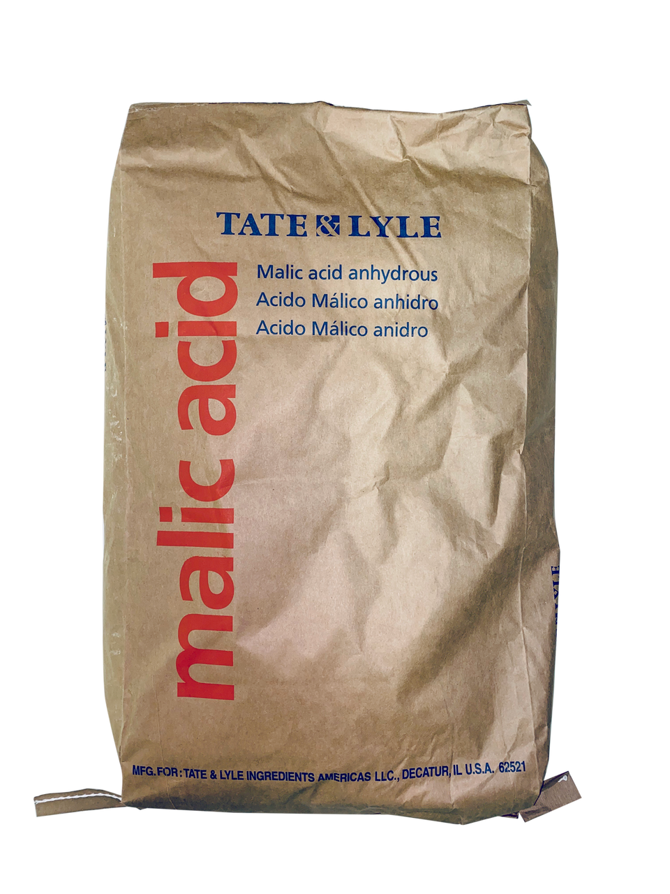 tan paper bag with red and blue text