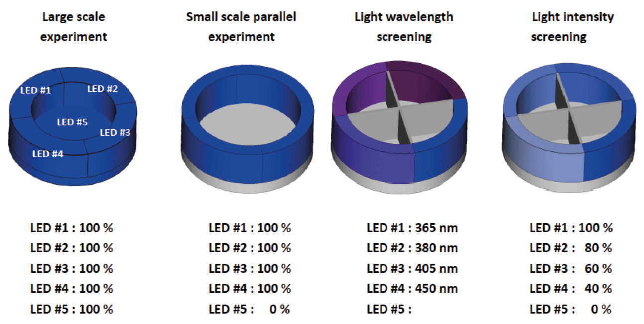 Chaque module LED, interchangeable, peut fonctionner soit Ã  365 nm, 380 nm, 405 nm et 450 nm, avec une intensitÃ© lumineuse variable.