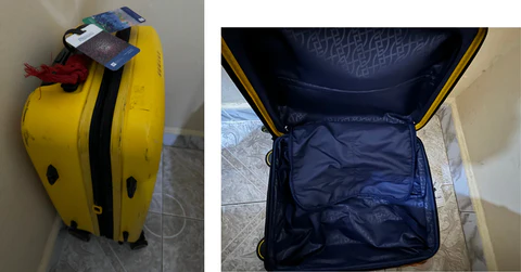 Yellow Amazon Basics Suitcase in a well-used condition (left) and the inside of the suitcase (right)