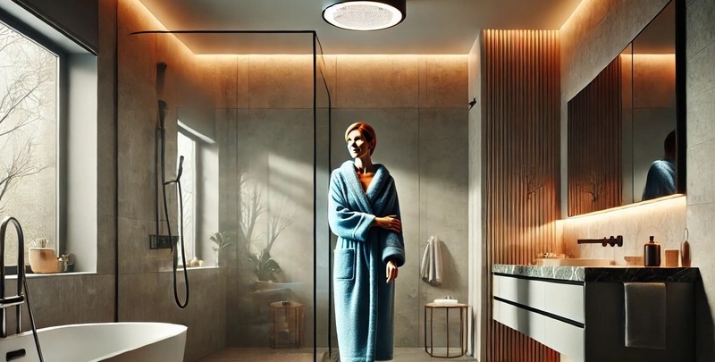 Woman enjoying warmth from a bathroom heater light