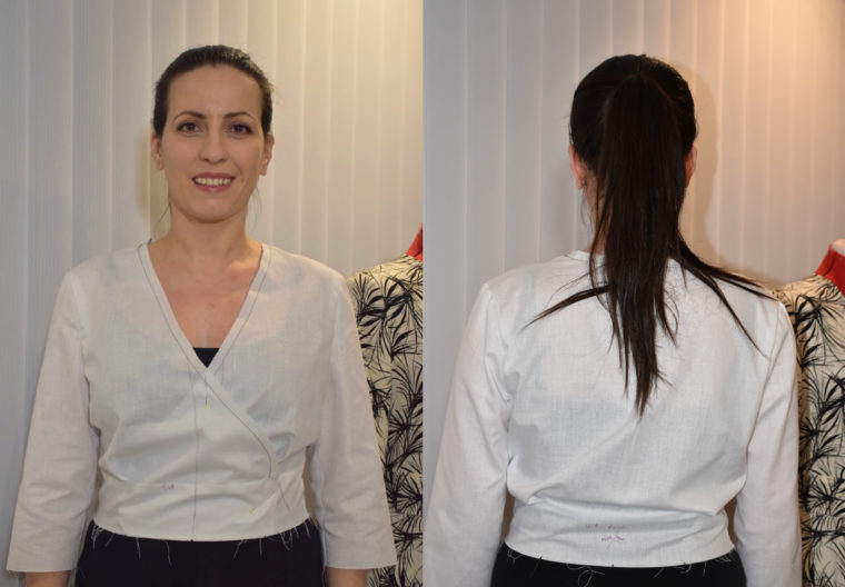 Camelia's first muslin revealed that she needed a full bust adjustment, a narrow shoulder adjustment, and a swayback adjustment.