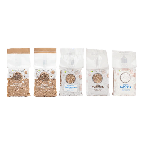 Assorted Tapioca Pearls including original, chewy, instant, tiny, and white