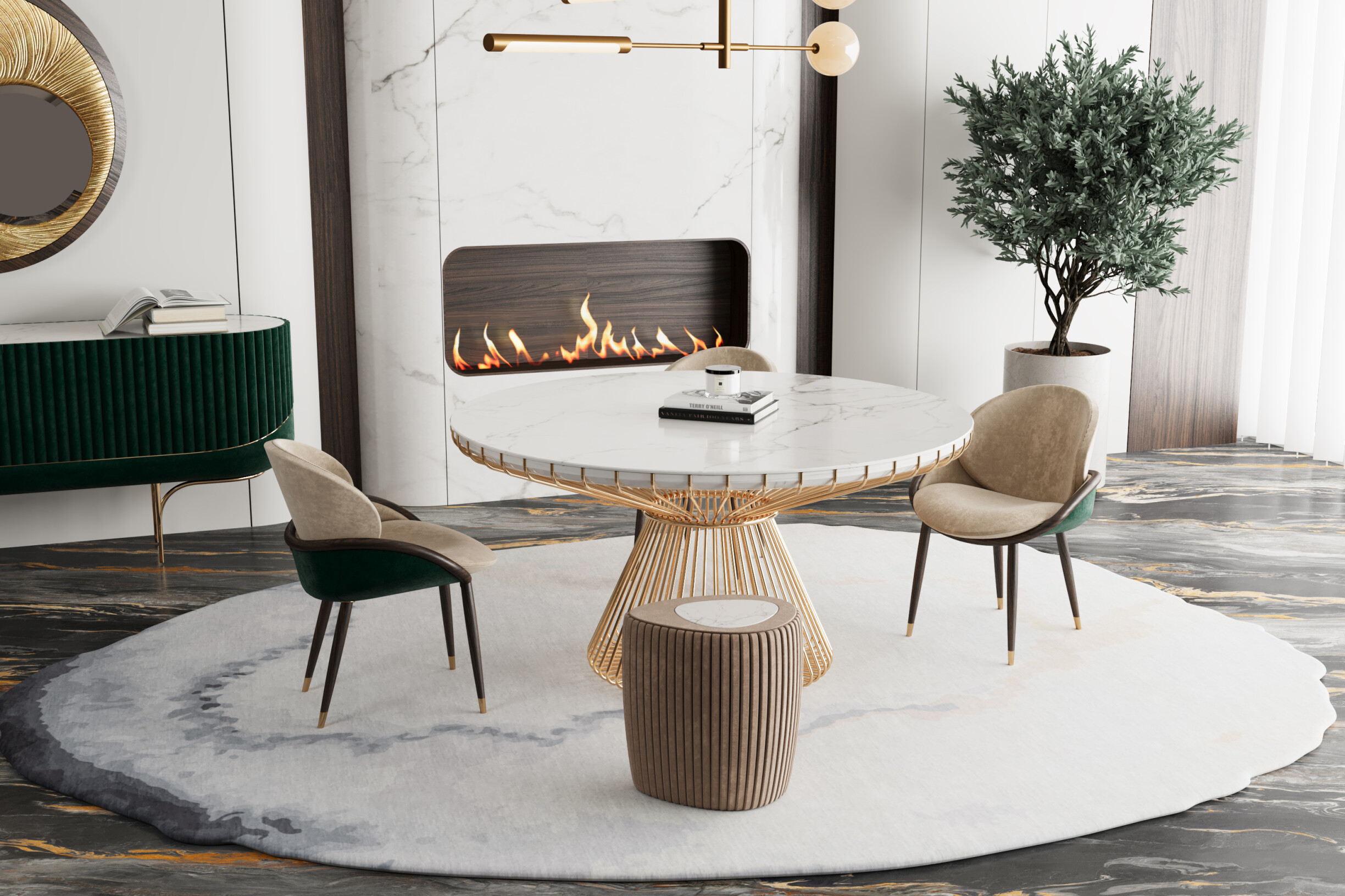 Image: A modern living room featuring wood, metal, and glass elements