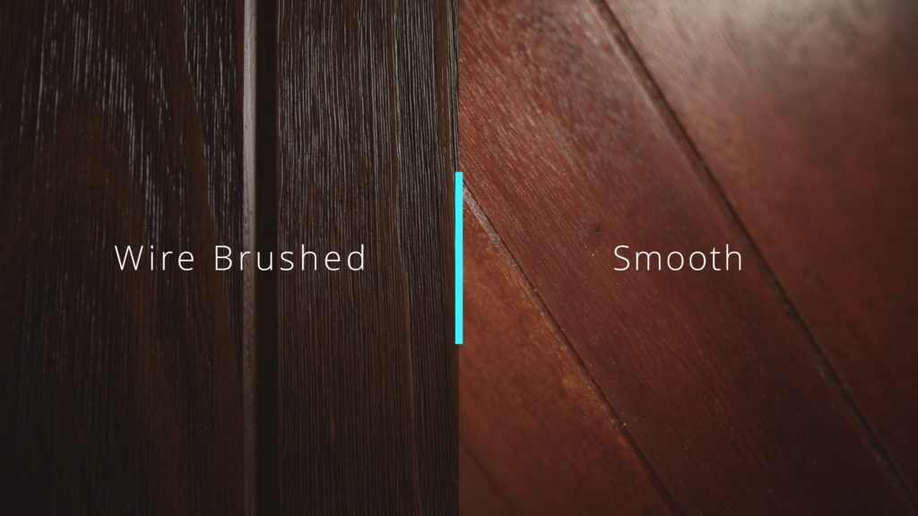 A side-by-side comparison of a wire-brushed and smooth finish on a garage door.