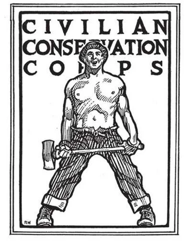 1930â€™s Civilian Conservation Corps poster depicting a shirtless, muscular white man with a wide stance and an ax.