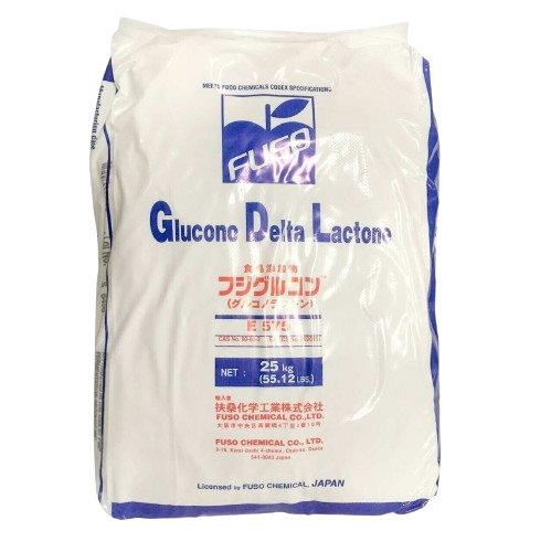 Glucono Delta Lactone SG White plastic bag with blue and red text and blue stripes on side