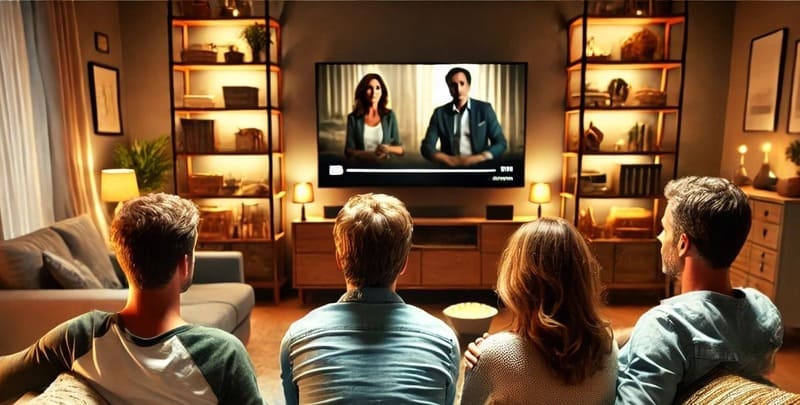 A family enjoys a movie on a wide screen TV