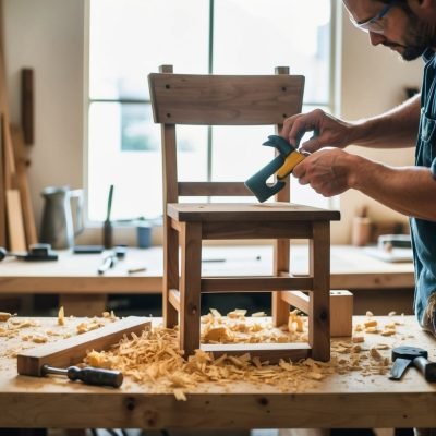A woodworker carefully using a hand planer to smooth the surface of a wooden chair on a workbench. The workspace is filled with wood shavings, tools, and a partially completed chair, showcasing the process of fine craftsmanship. Natural light streams through a window, adding a warm ambiance to the workshop.