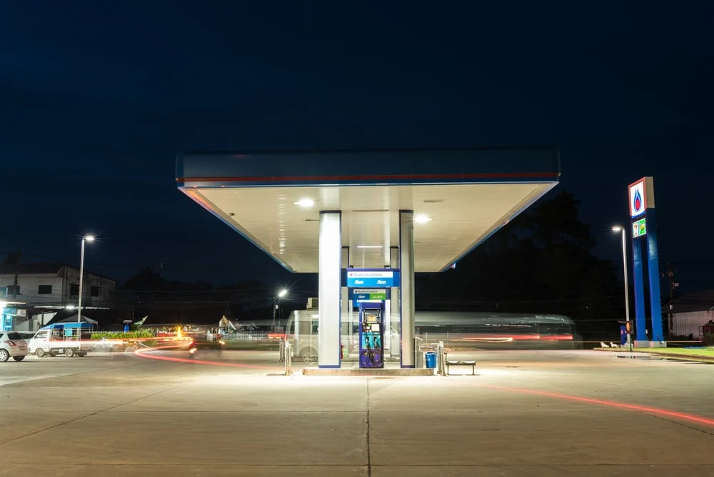 A gas station at night