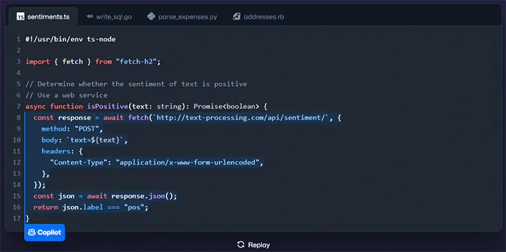 A screenshot of GitHub Copilot, an AI-based tool with the function of program code autocompletion.