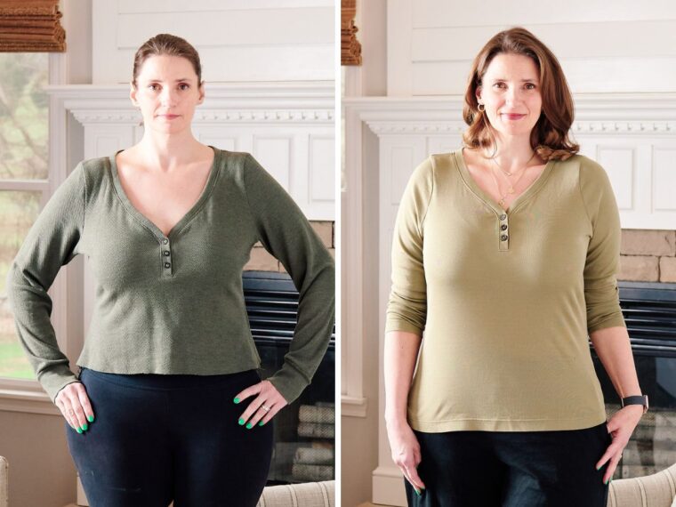 A double picture of the same woman wearing two versions of the same pattern. On the left, she is wearing a muslin in dark green fabric. On the right, she is wearing a different version in olive with several fit adjustments. The neckline has been raised, and the bodice lengthened.