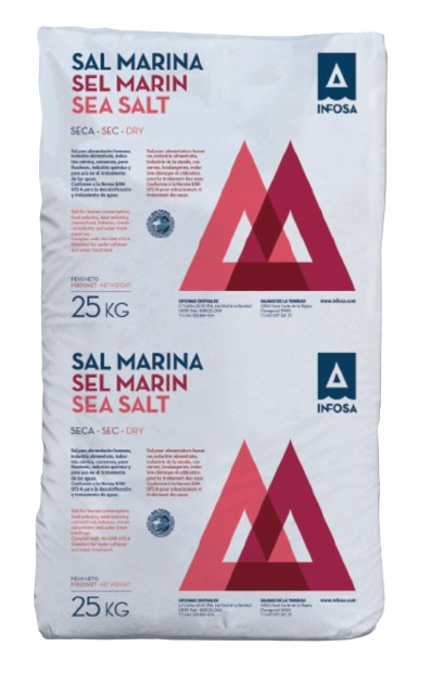 Sea Salt Natural Semi-Coarse T-2 white bag with red and blue lettering and two red trainles interwoven