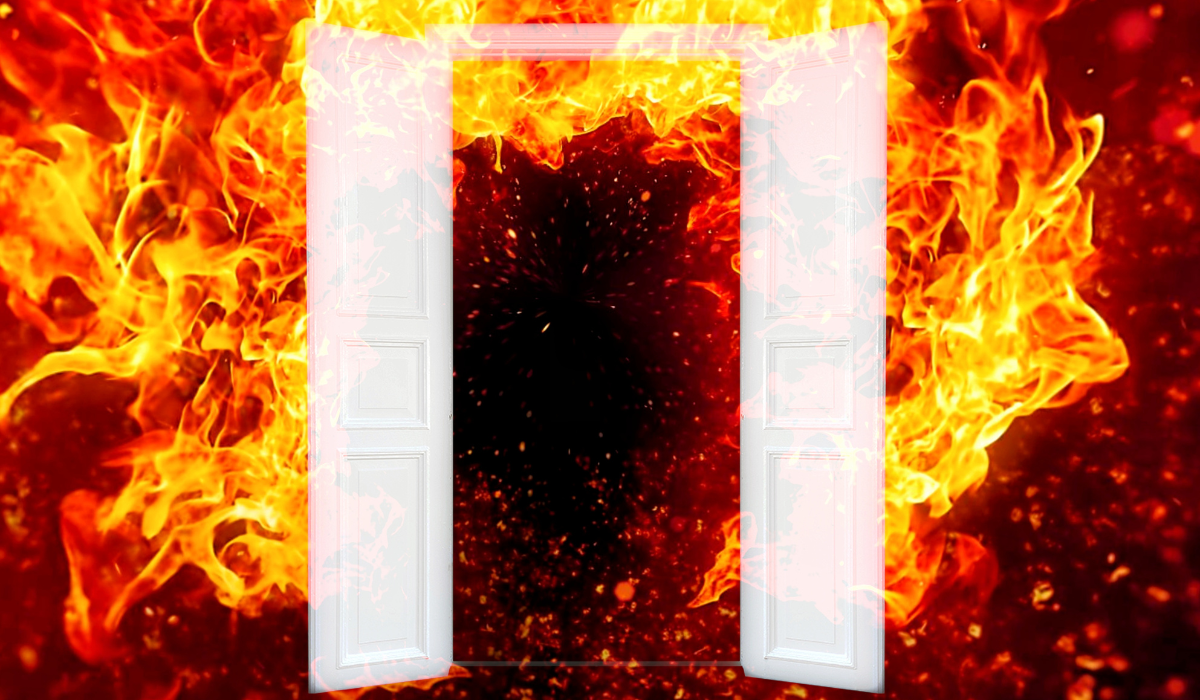 Fire safety - image showing mock-up of double doors on fire