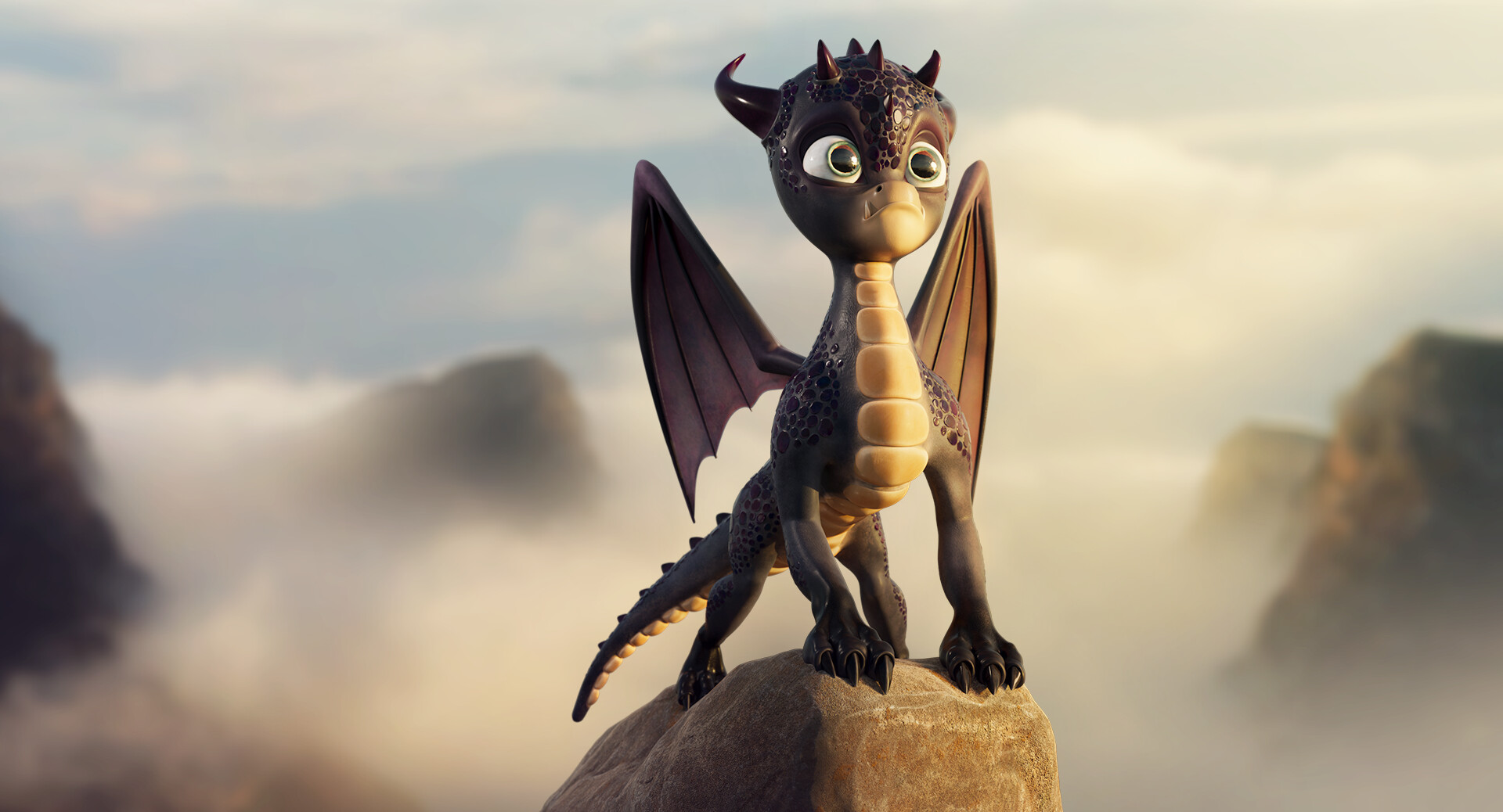Cartoon image of a young dragon created in Maya.