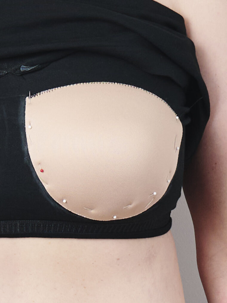Liesl + Co Tribeca Knit Cami Tutorial: How to add bra cups to a shelf bra-The rest of the bra cups are pinned in place-close up