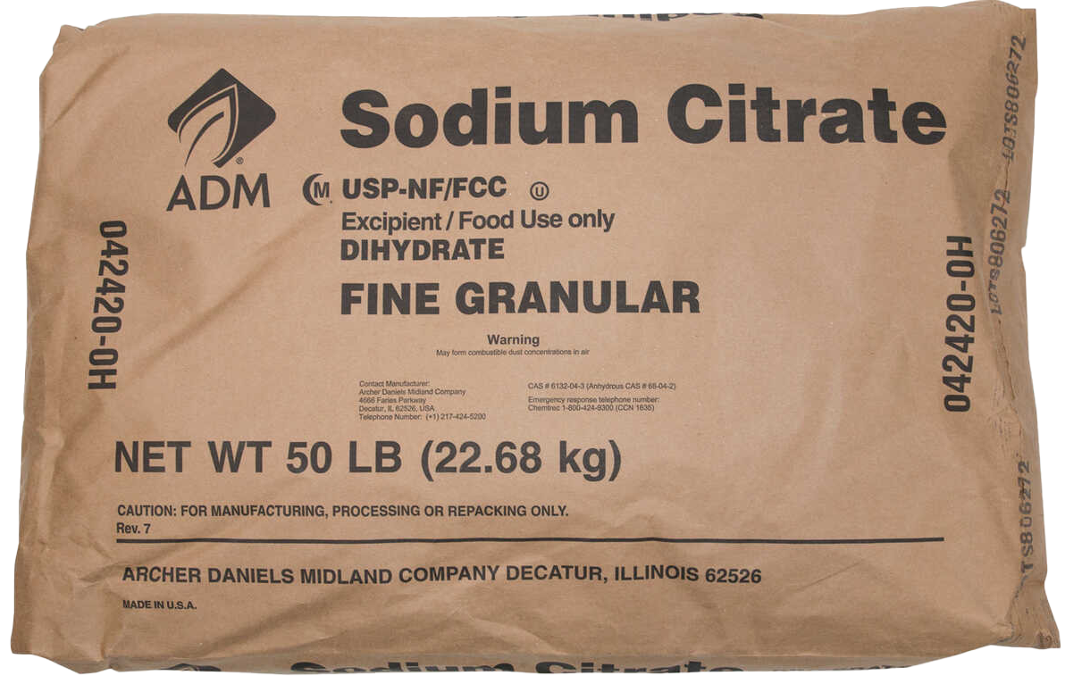 Sodium Citrate Dihydrate USP, Fine | 50 lbs Bag brown paper bag with black lettering