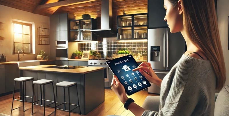 A woman operating smart devices in her kitchen