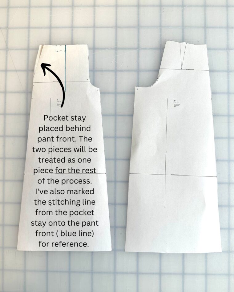 Minature Cannes Wide-Legged Trouser pattern pieces showing pocket stay placed behind pants front.