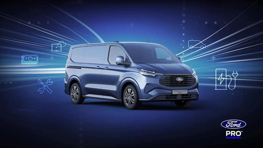 A Ford E-Transit Custom LCV.
