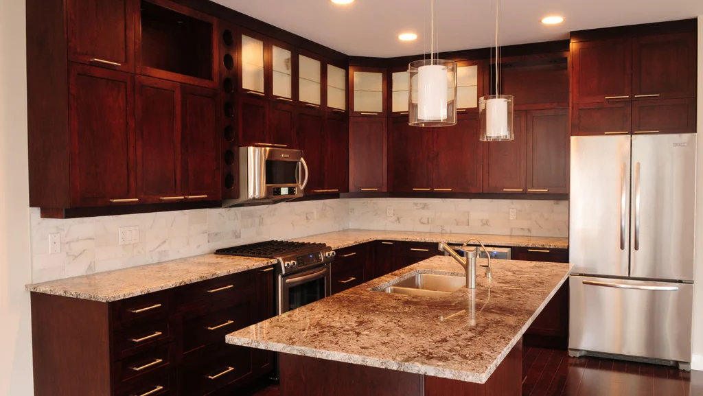 Beige eased kitchen countertop