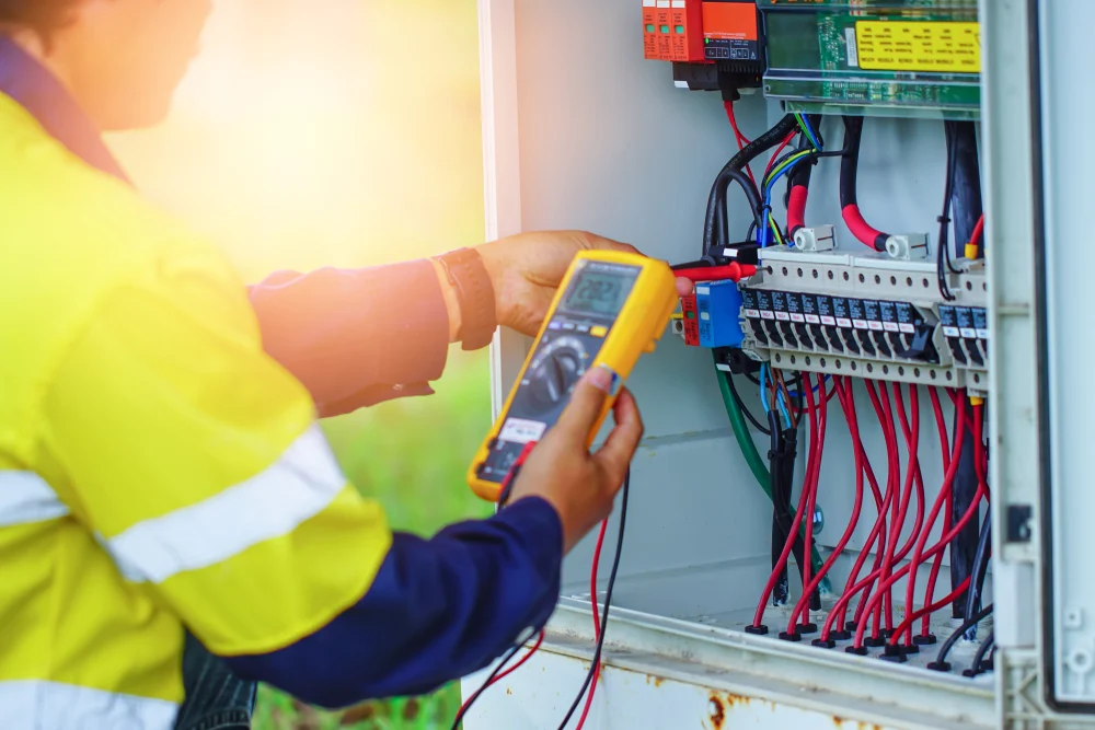 A person inspecting a meter box and electrical connections.