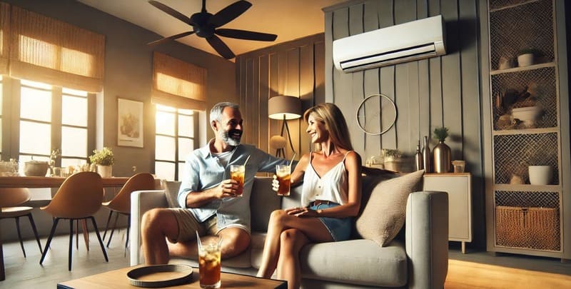 A couple enjoying the split system AC and a ceiling fan