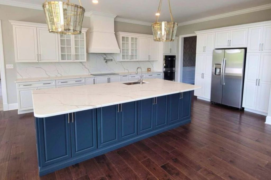 White Custom Island with Navy Blue Storage Cabinets