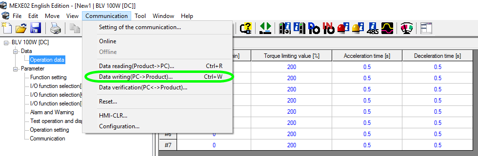 MEXE02 software screen for BLV series