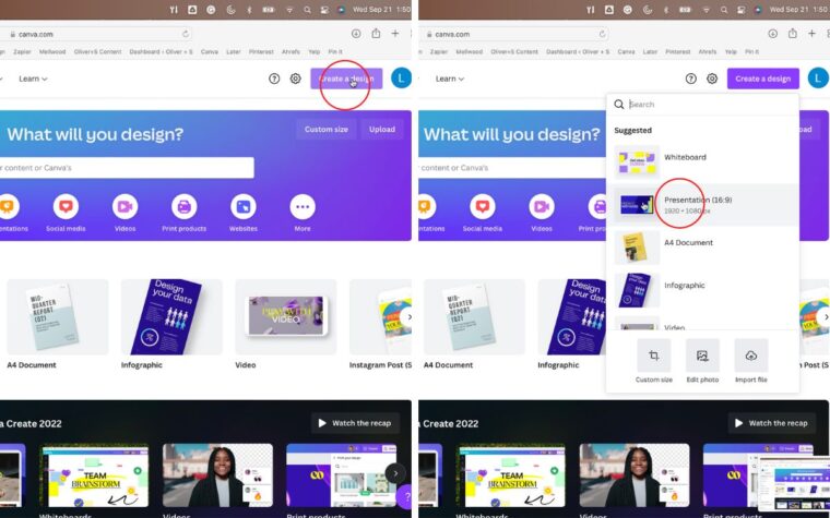 Creating a new design in Canva