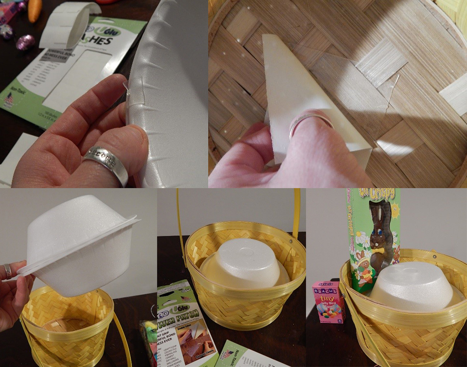 Build up the center of basket simply with foam bowls and UGluâ“‡. I used 2 foam bowls stacked on top of each other to build up height.