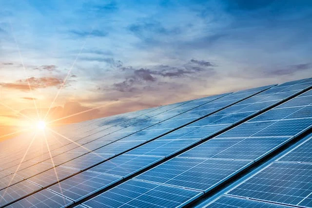 A solar panel is under the bright sun.