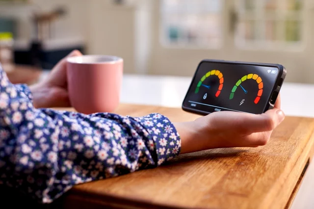 A closeup of a hand holding a smartphone on which are displayed two energy consumption graphs.