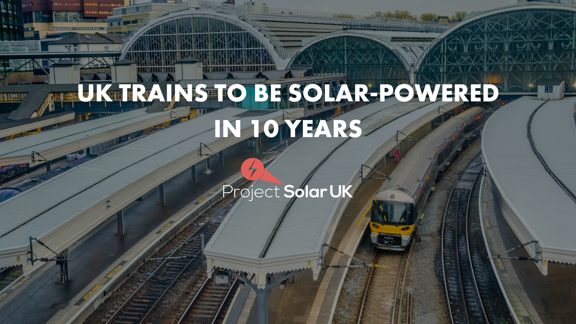 train platform with text that reads 'UK trains to be solar-powered in 10 years'